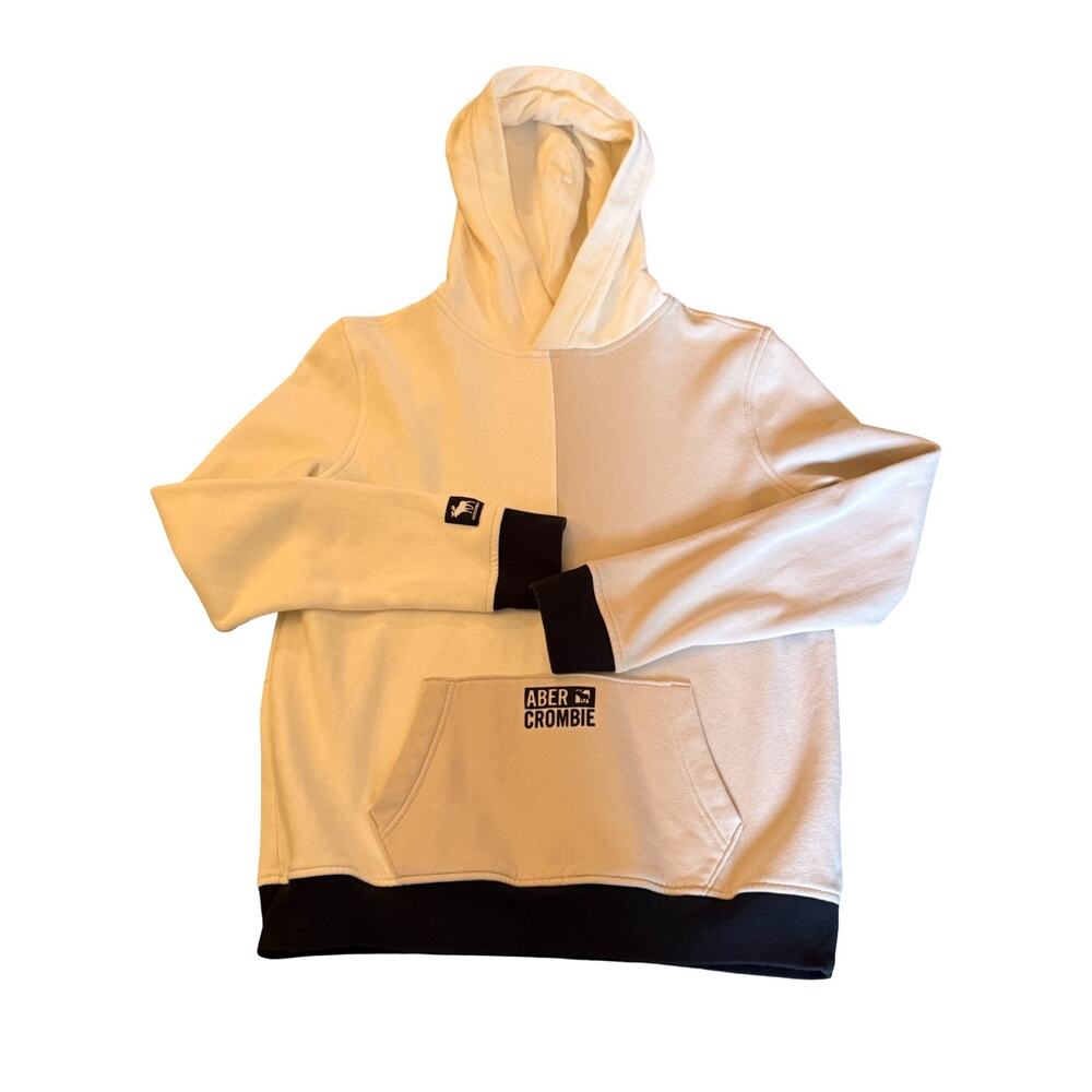 Abercrombie Hoodie Kids Size XL Size 15/16 Cream Black Fleece Pullover Logo